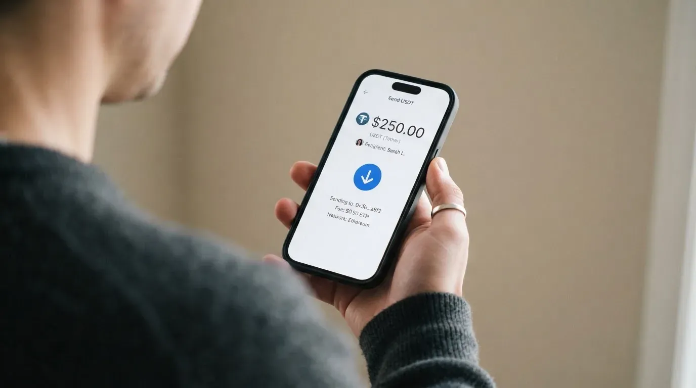 A phone showing a stablecoin transfer screen