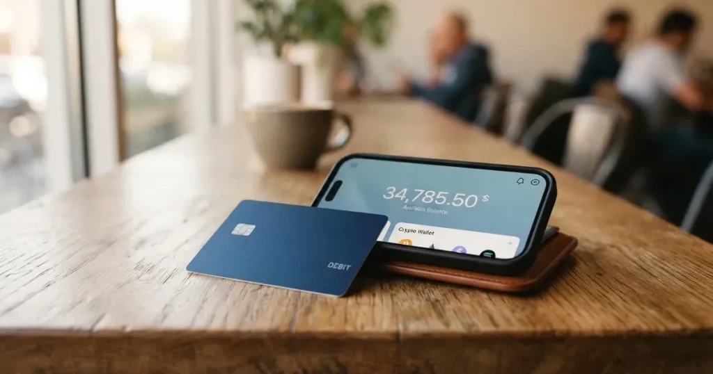 A payment card next to a phone with a crypto wallet app open