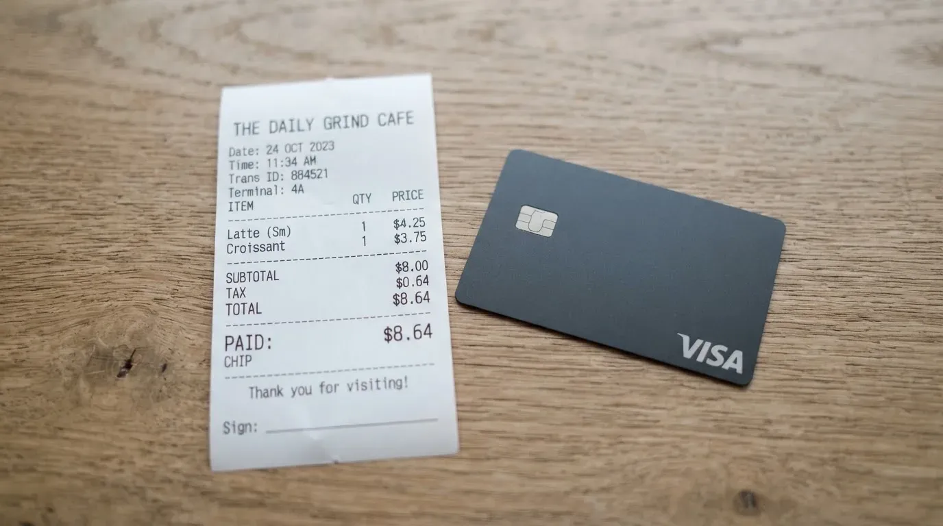 A receipt and a card on a café table
