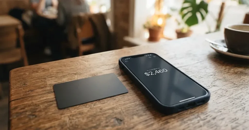 A payment card next to a phone with a crypto wallet app open