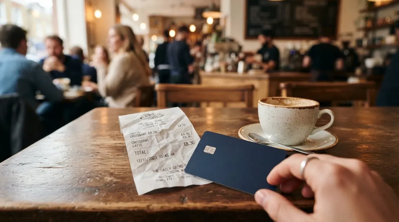 A receipt and a card on a café table