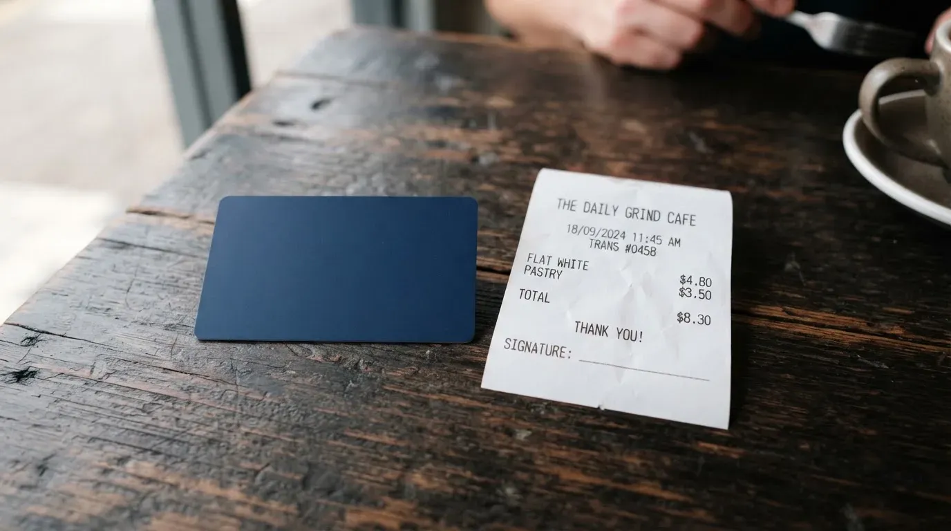 A receipt and a card on a café table