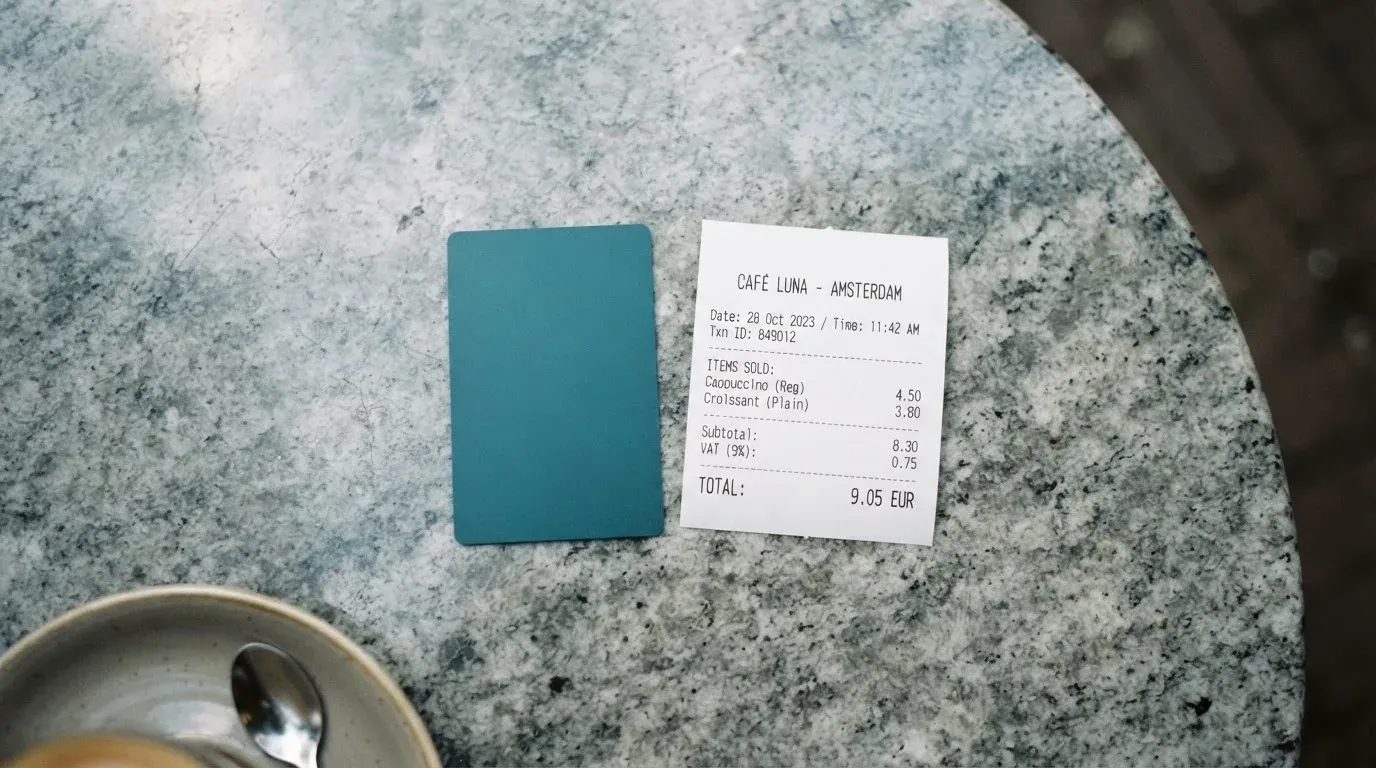 A receipt and a card on a café table