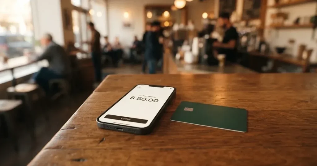 A payment card next to a phone with a crypto wallet app open