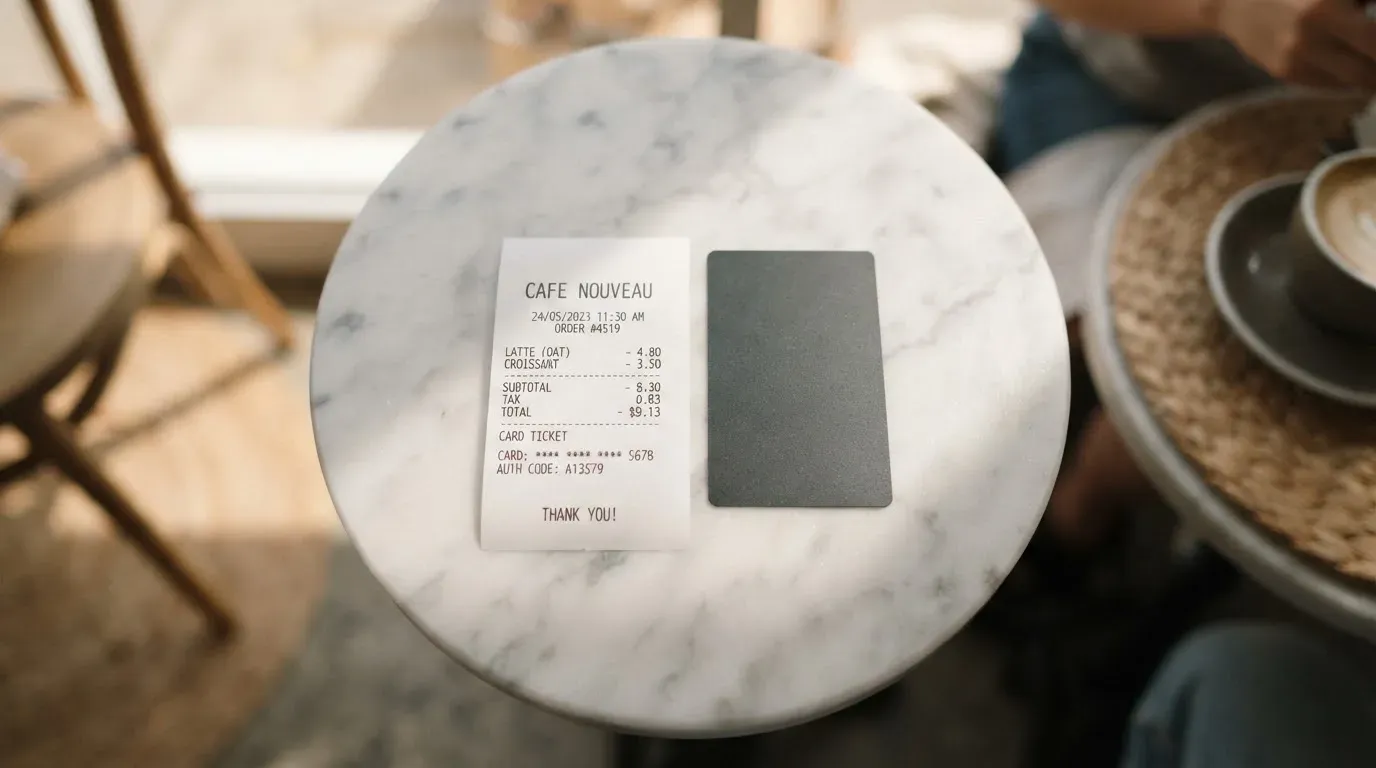 A receipt and a card on a café table