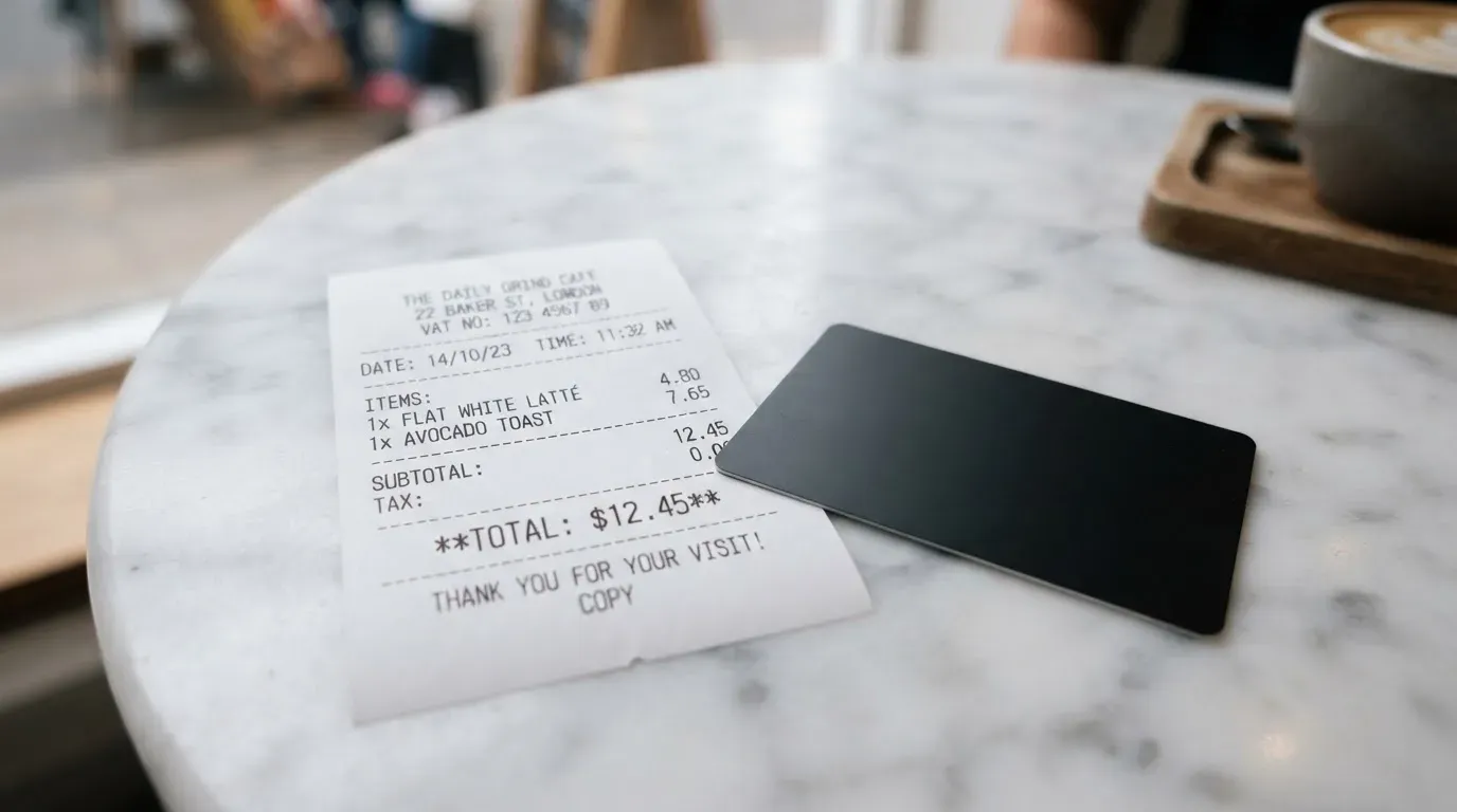 A receipt and a card on a café table