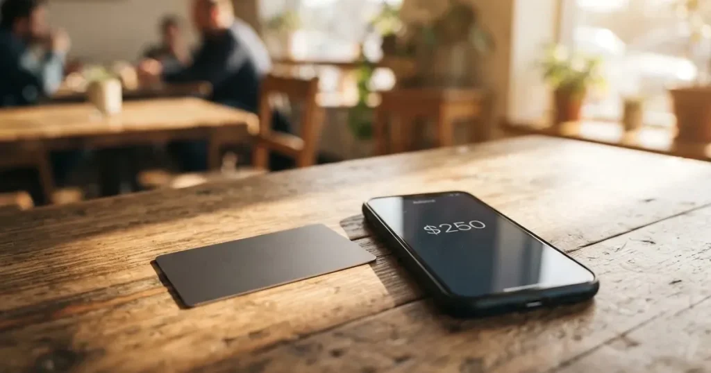 A payment card next to a phone with a crypto wallet app open