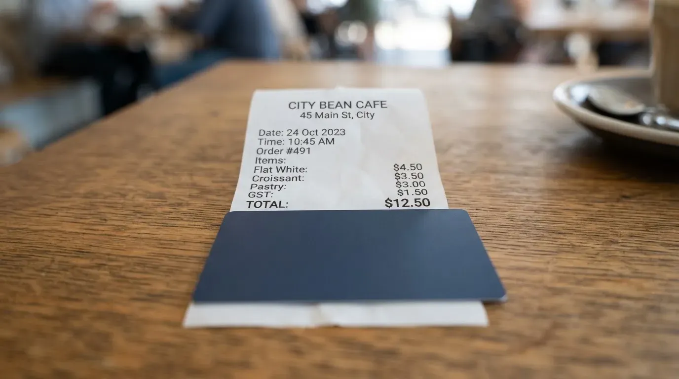 A receipt and a card on a café table