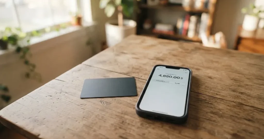 A payment card next to a phone with a crypto wallet app open