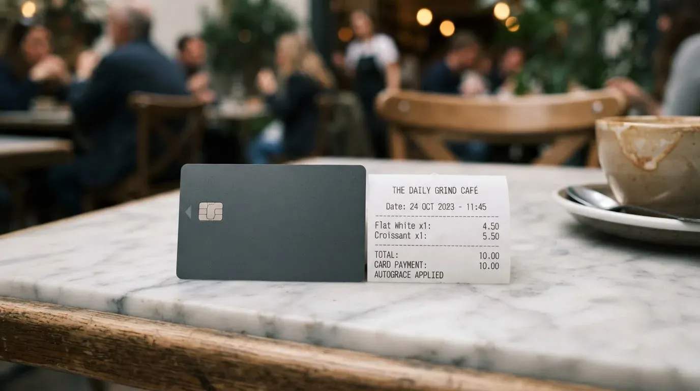 A receipt and a card on a café table