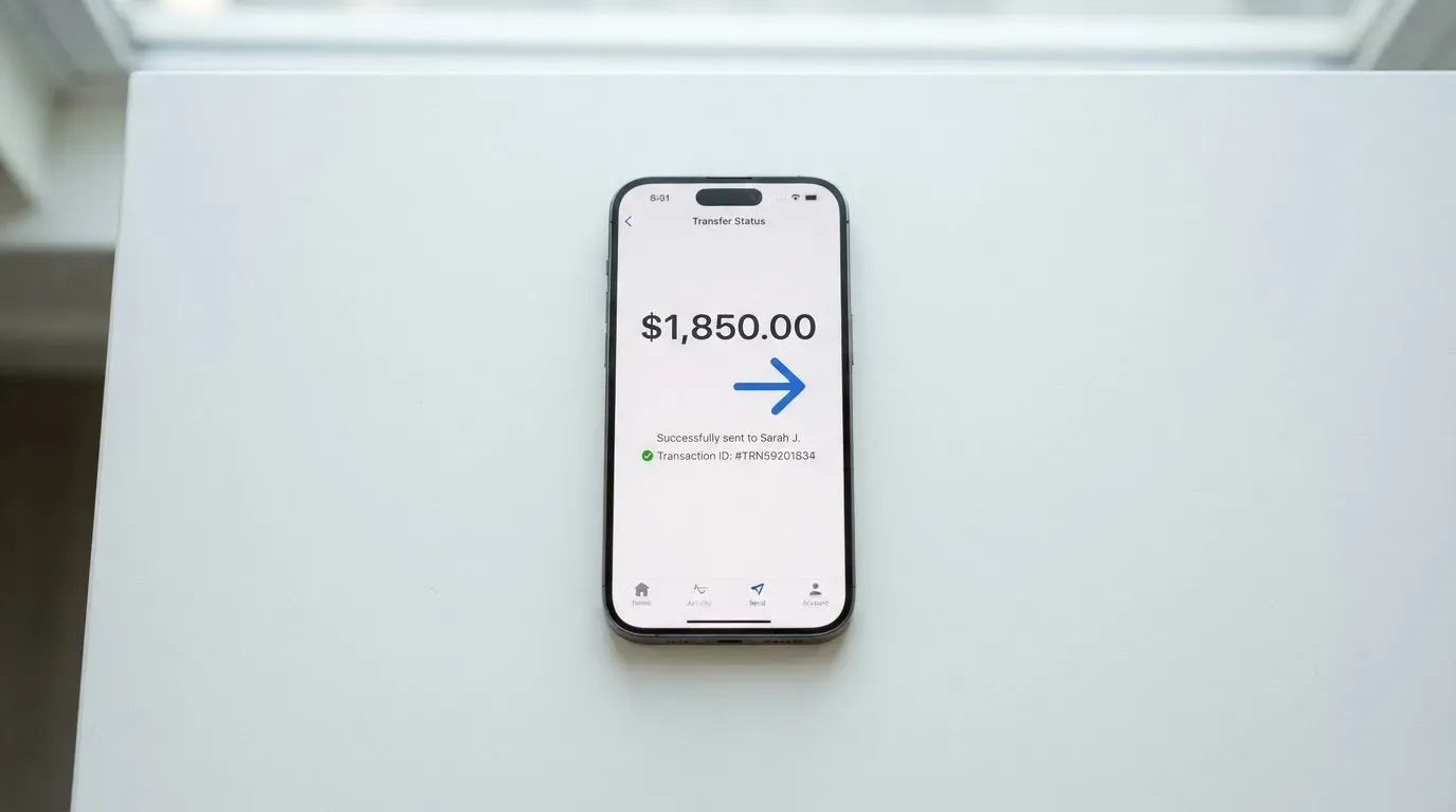 A phone showing a stablecoin transfer screen