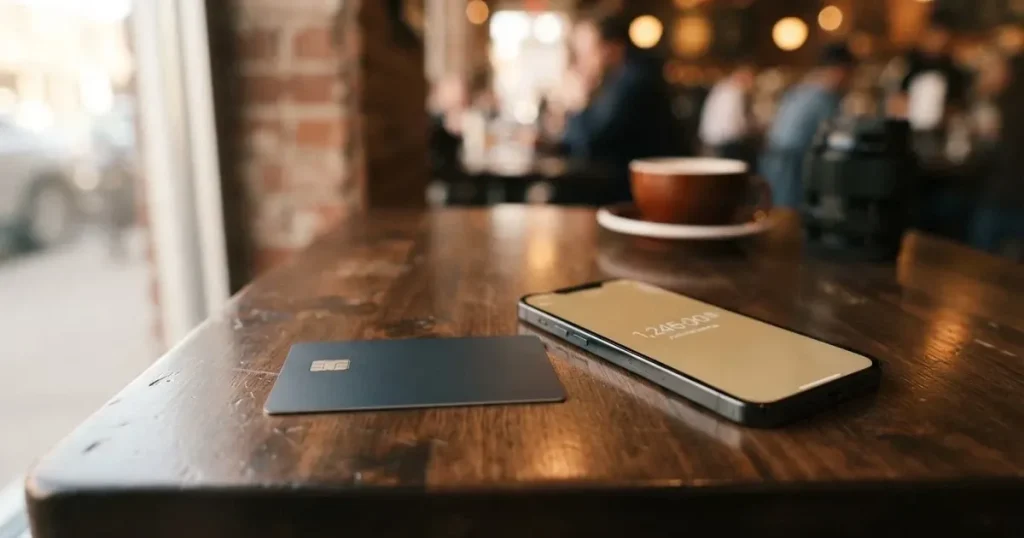 A payment card next to a phone with a crypto wallet app open