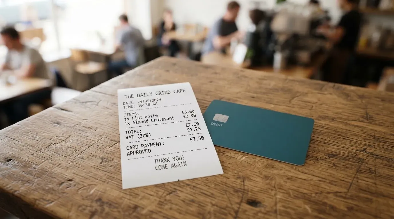 A receipt and a card on a café table