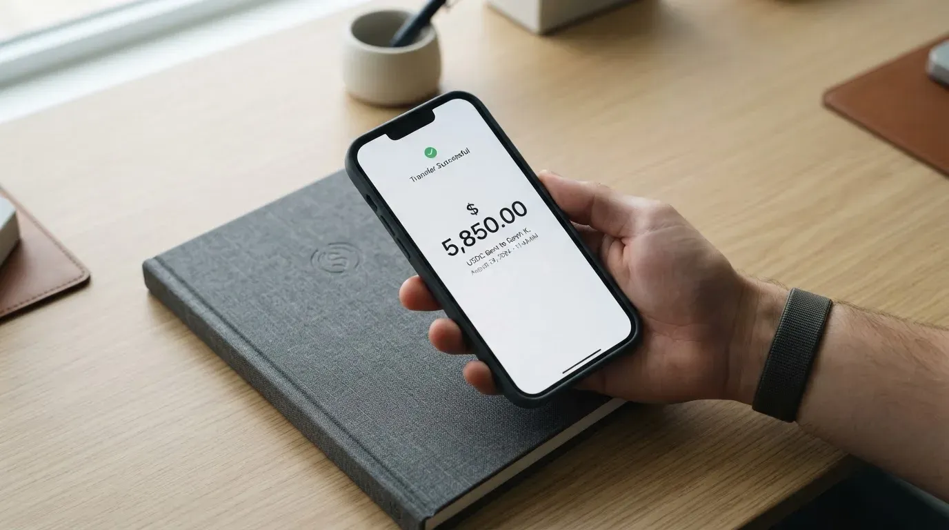 A phone showing a stablecoin transfer screen