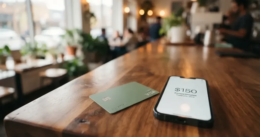 A payment card next to a phone with a crypto wallet app open