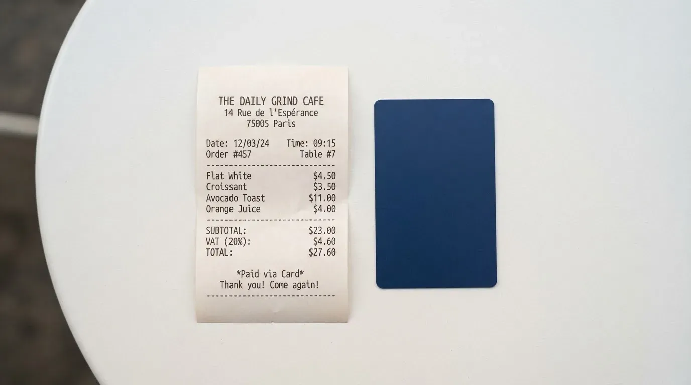 A receipt and a card on a café table