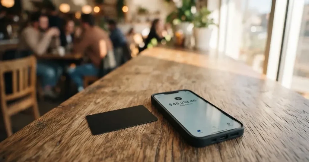 A payment card next to a phone with a crypto wallet app open