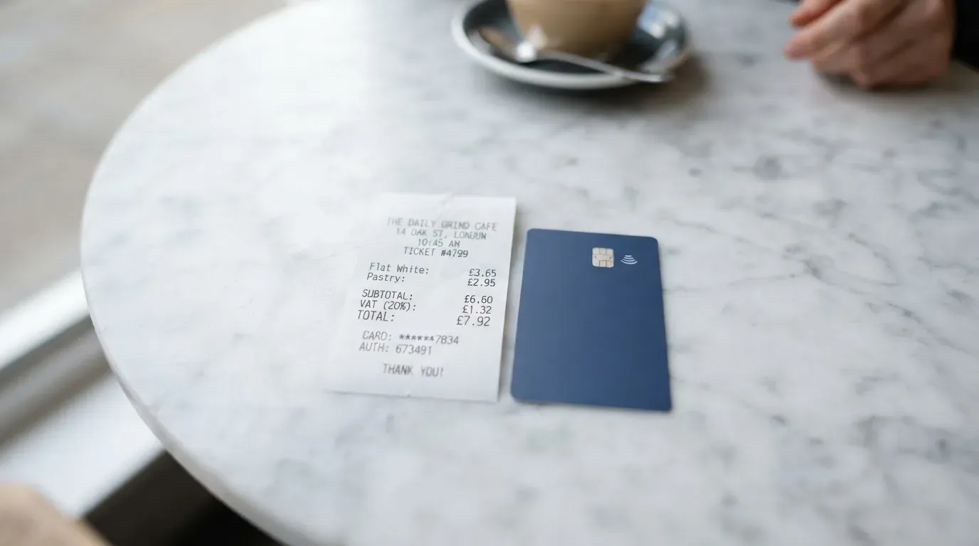 A receipt and a card on a café table