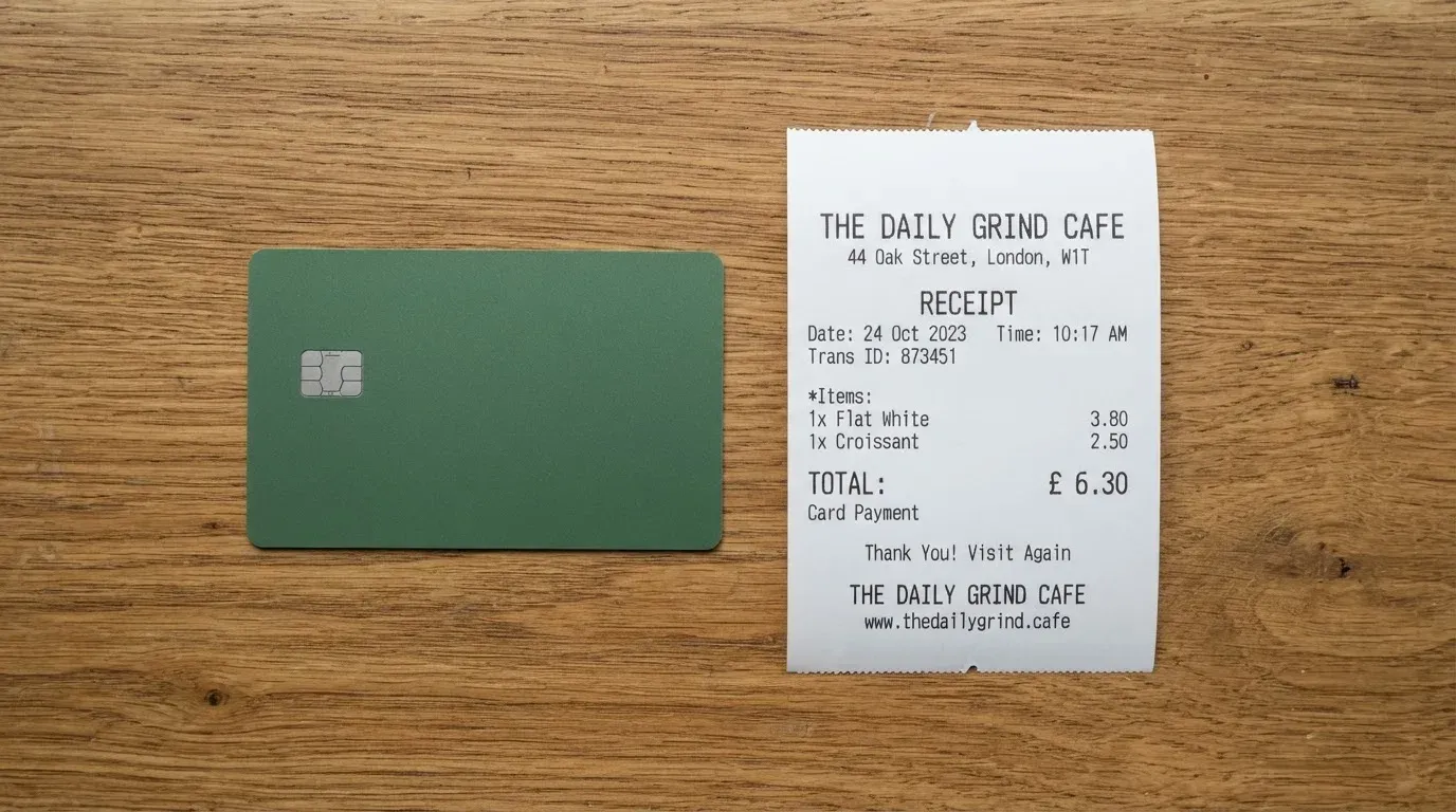 A receipt and a card on a café table