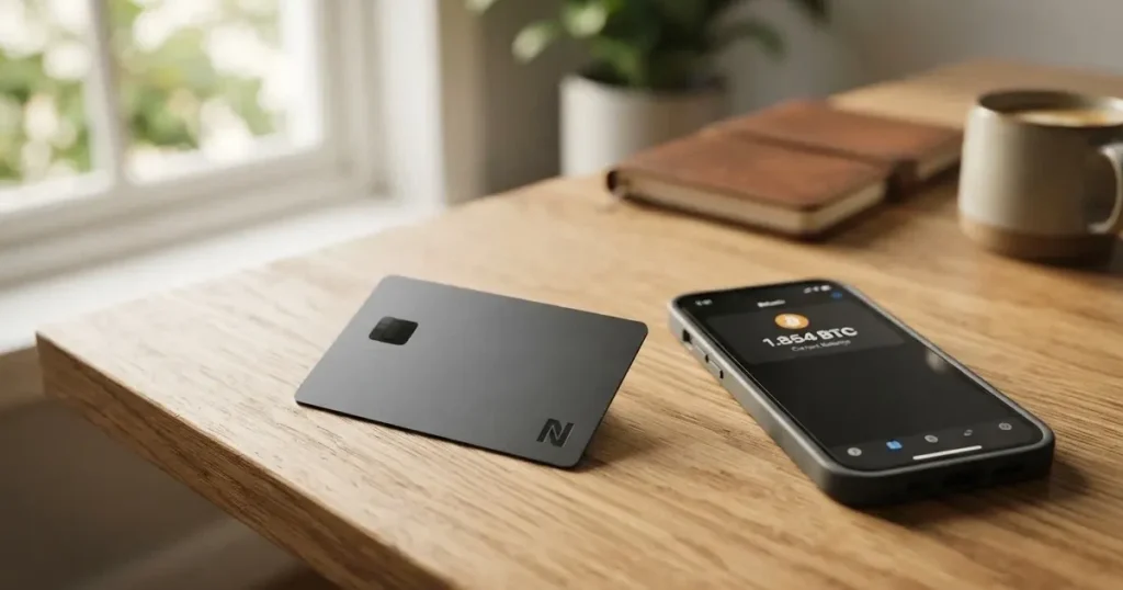 A payment card next to a phone with a crypto wallet app open
