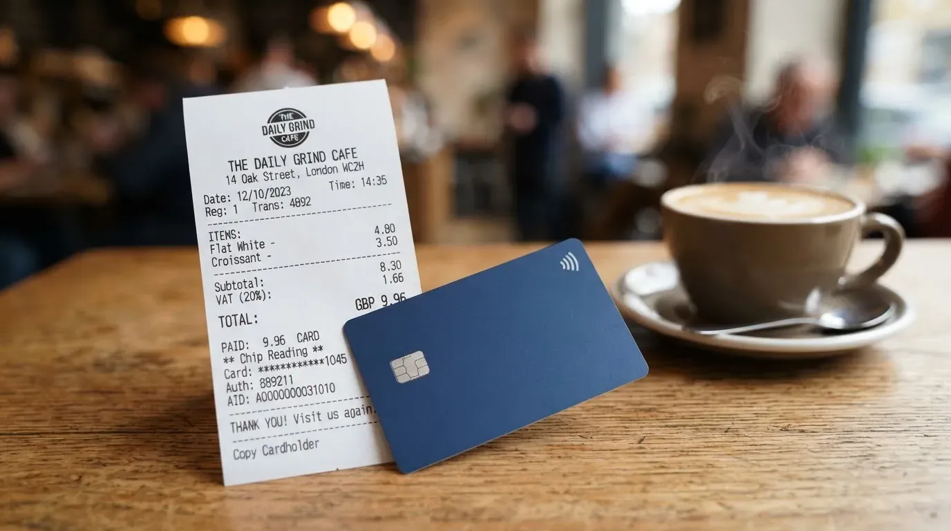A receipt and a card on a café table