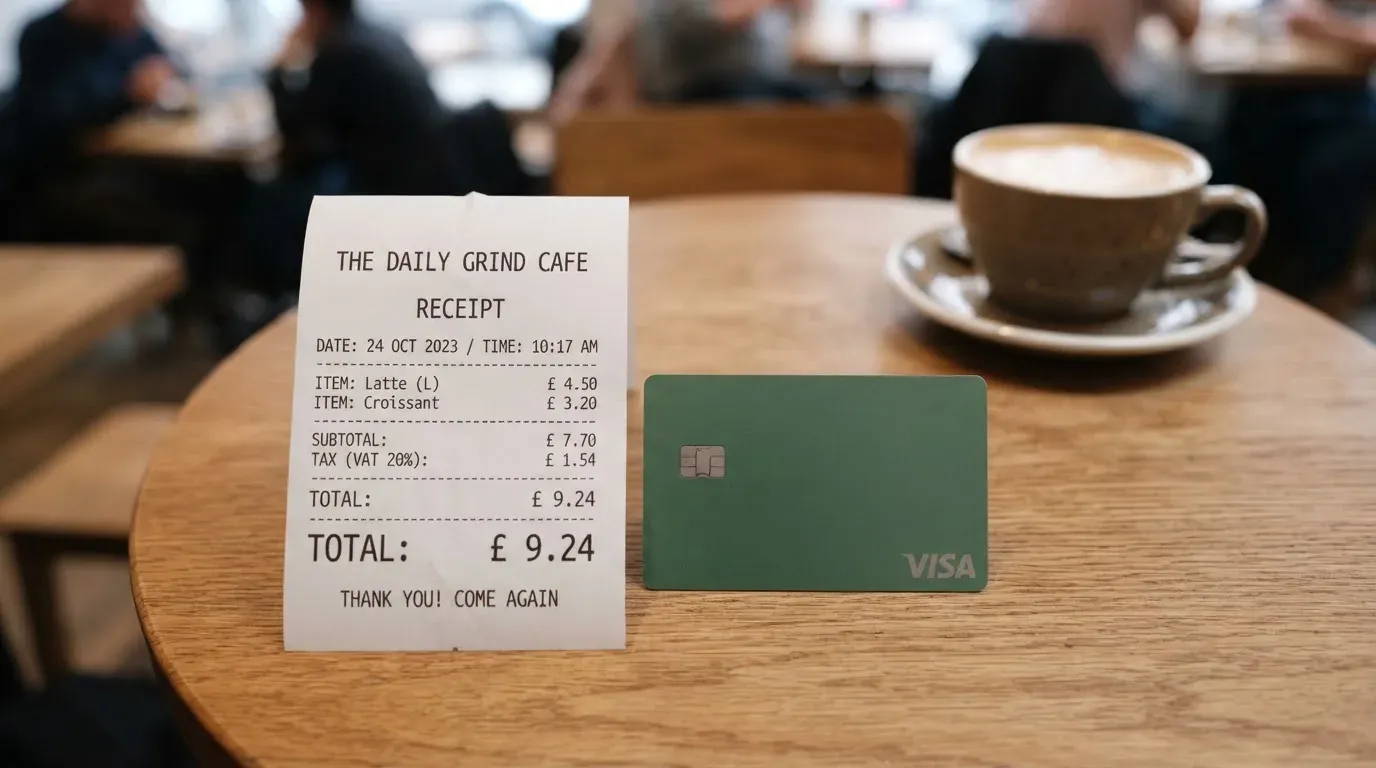 A receipt and a card on a café table