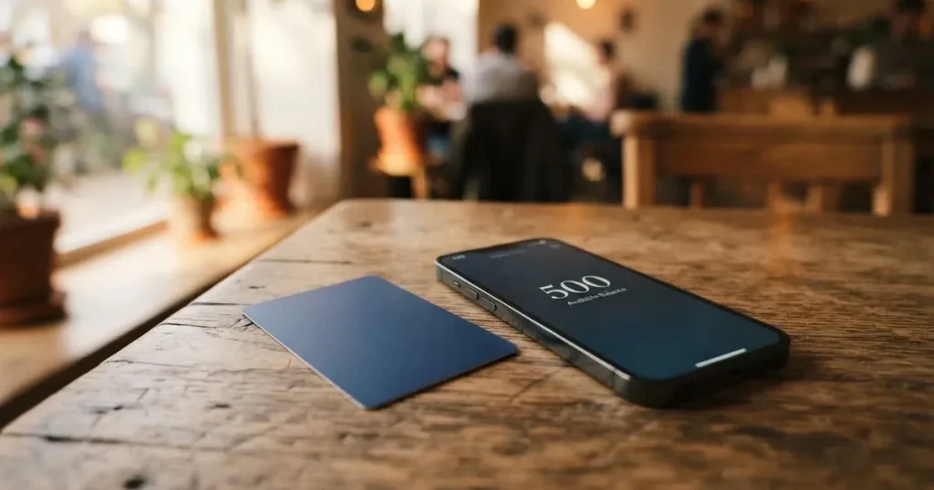 A payment card next to a phone with a crypto wallet app open
