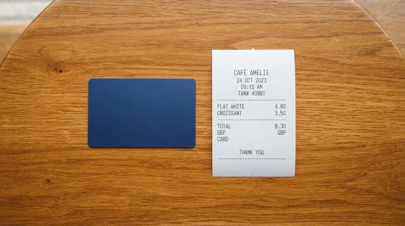 A receipt and a card on a café table