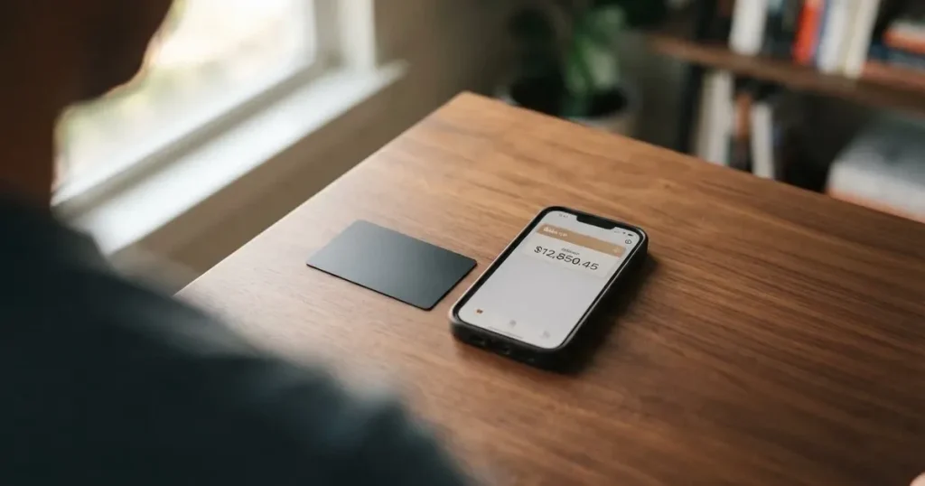 A payment card next to a phone with a crypto wallet app open