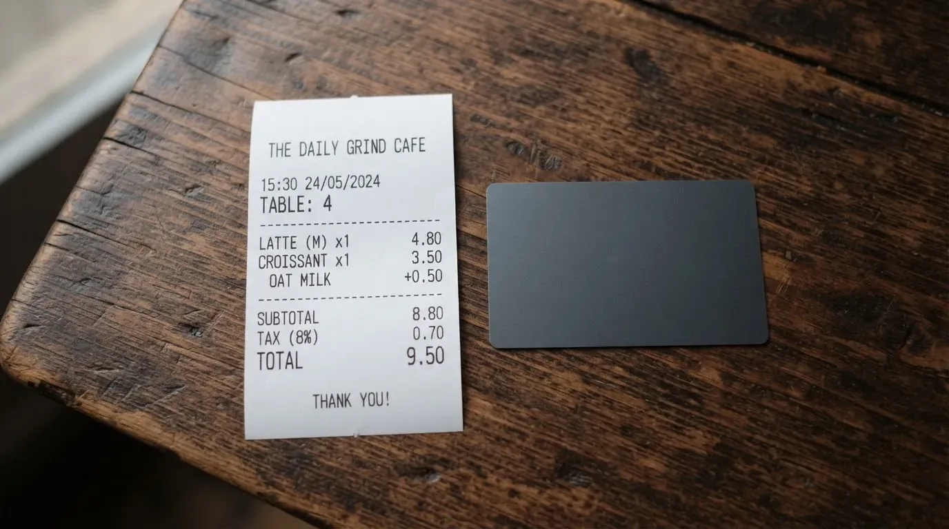 A receipt and a card on a café table