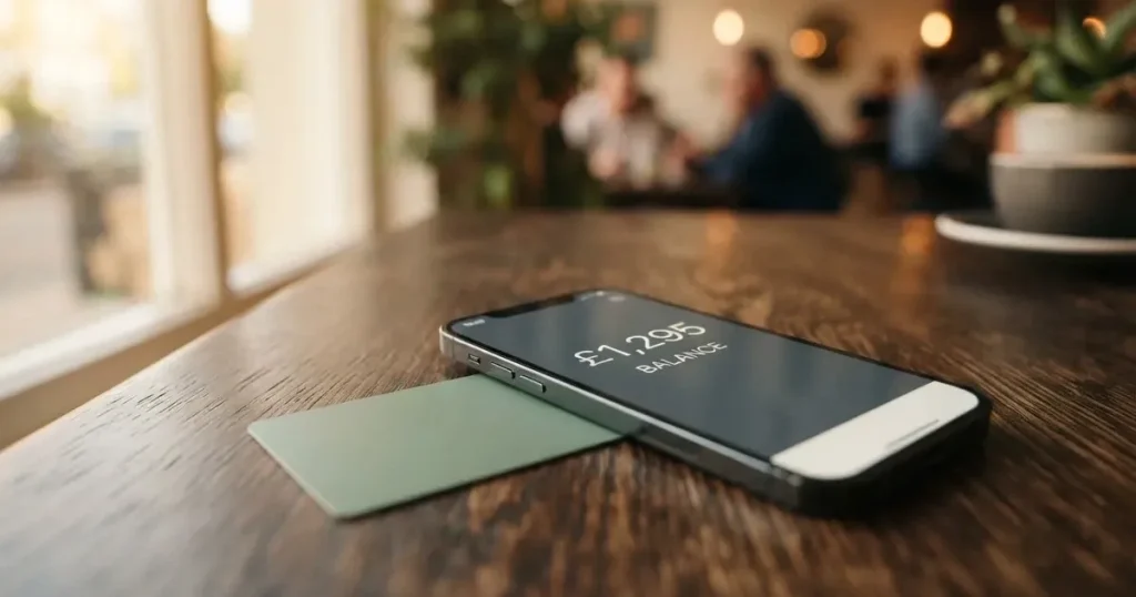 A payment card next to a phone with a crypto wallet app open