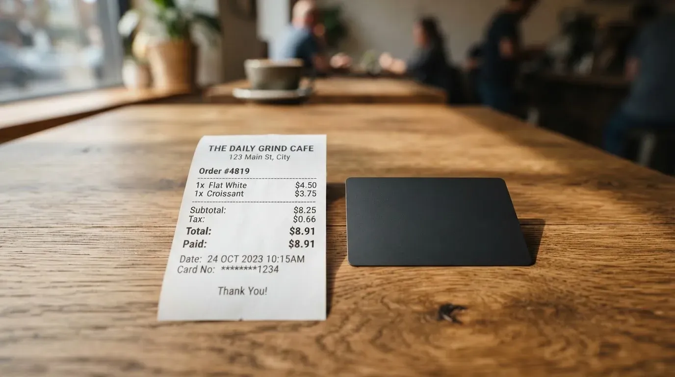 A receipt and a card on a café table