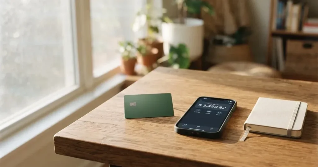 A payment card next to a phone with a crypto wallet app open