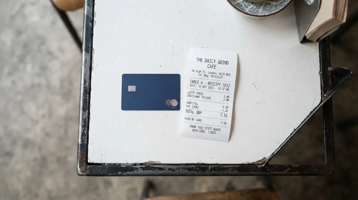 A receipt and a card on a café table