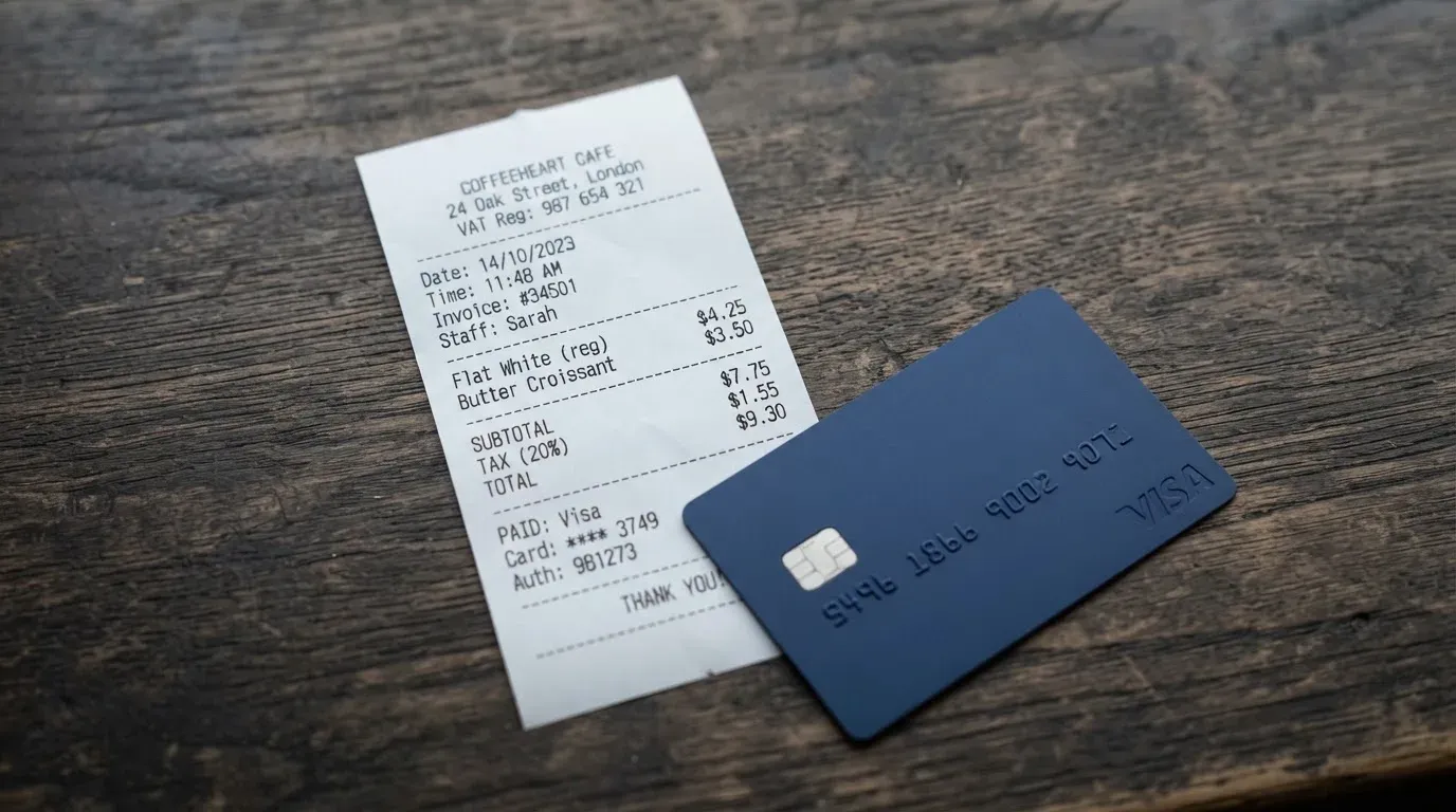 A receipt and a card on a café table