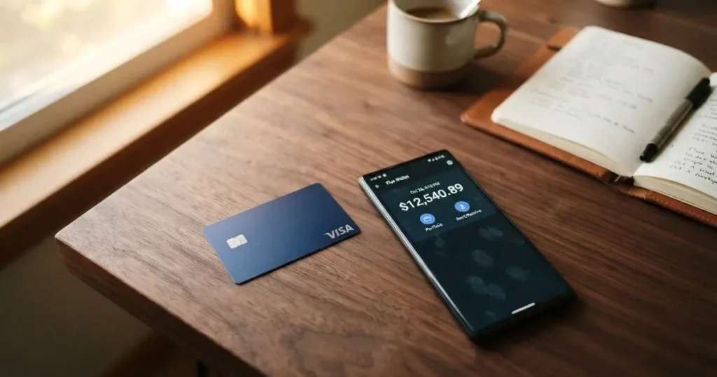 A payment card next to a phone with a crypto wallet app open