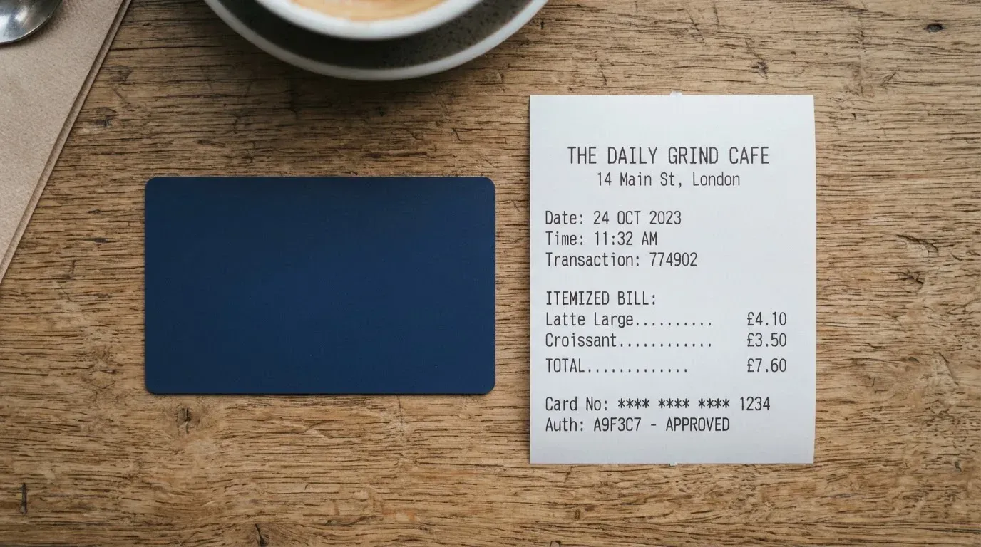A receipt and a card on a café table
