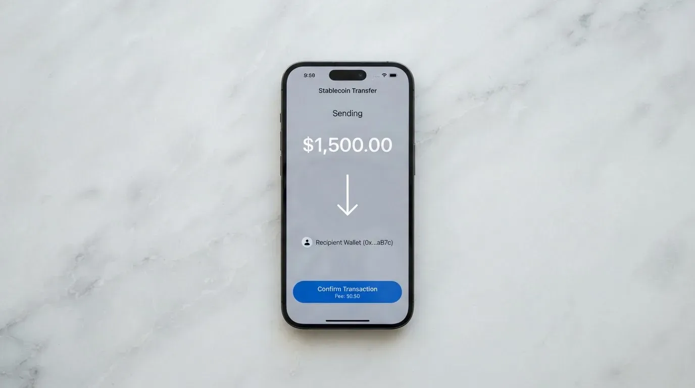 A phone showing a stablecoin transfer screen