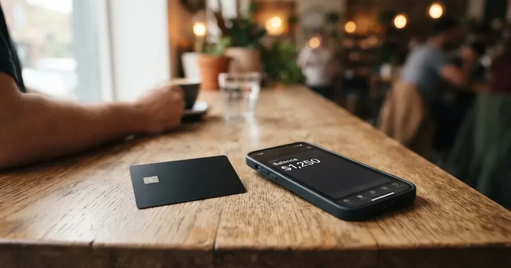 A payment card next to a phone with a crypto wallet app open
