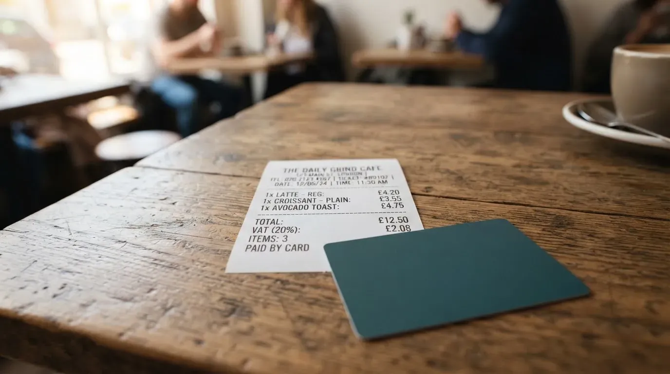 A receipt and a card on a café table