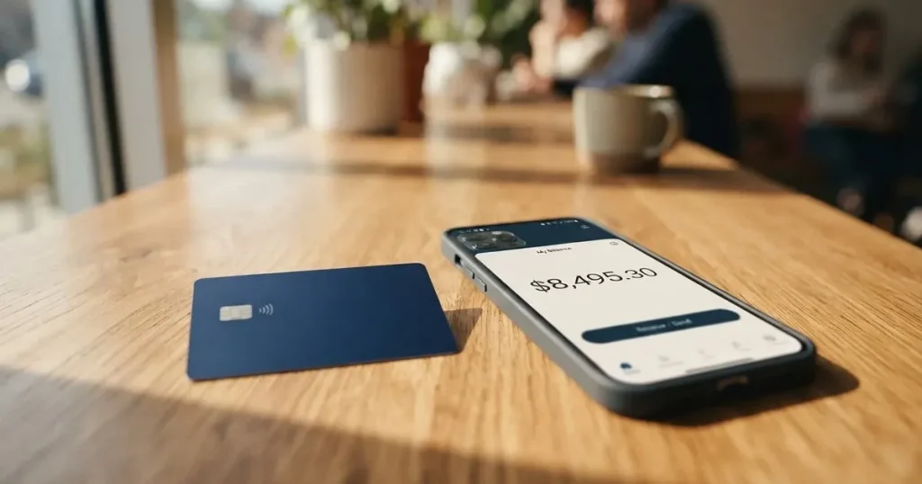 A payment card next to a phone with a crypto wallet app open