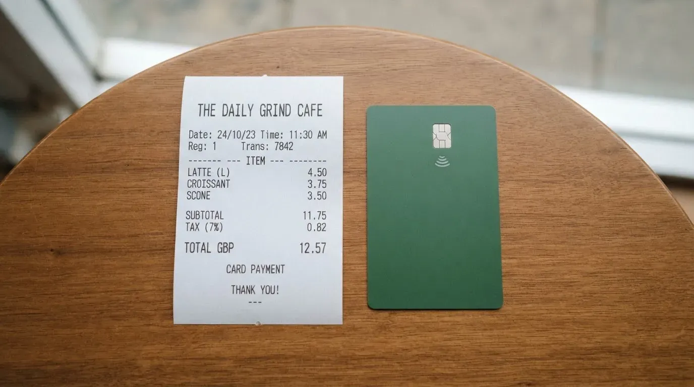 A receipt and a card on a café table