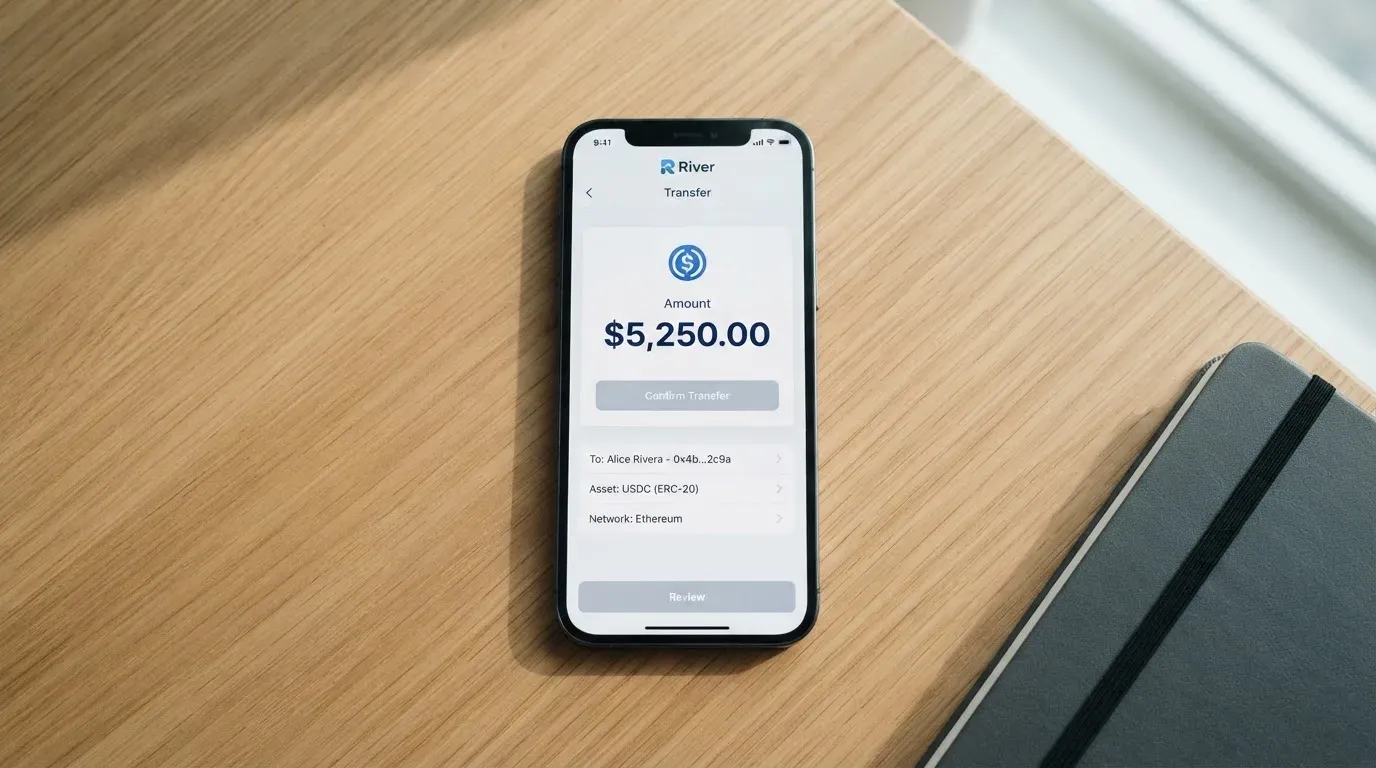 A phone showing a stablecoin transfer screen