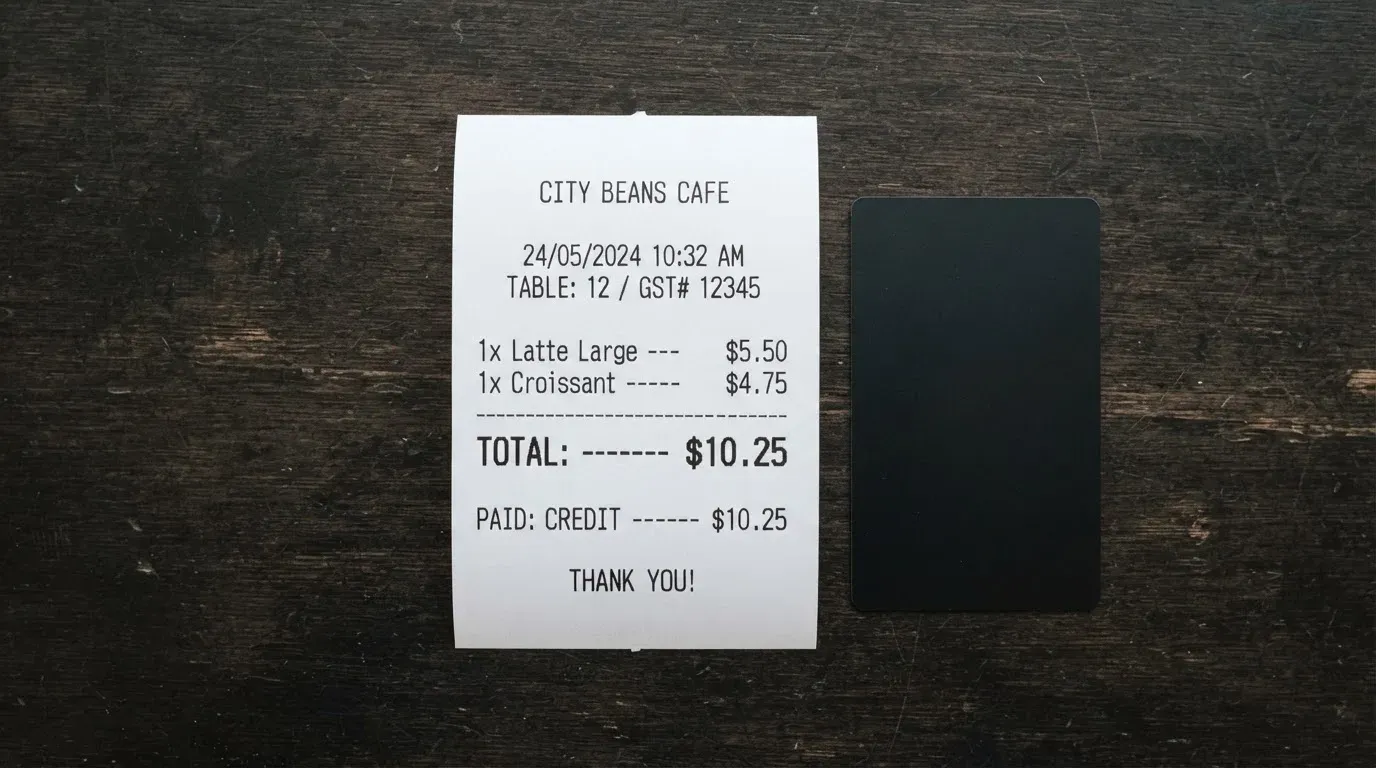 A receipt and a card on a café table