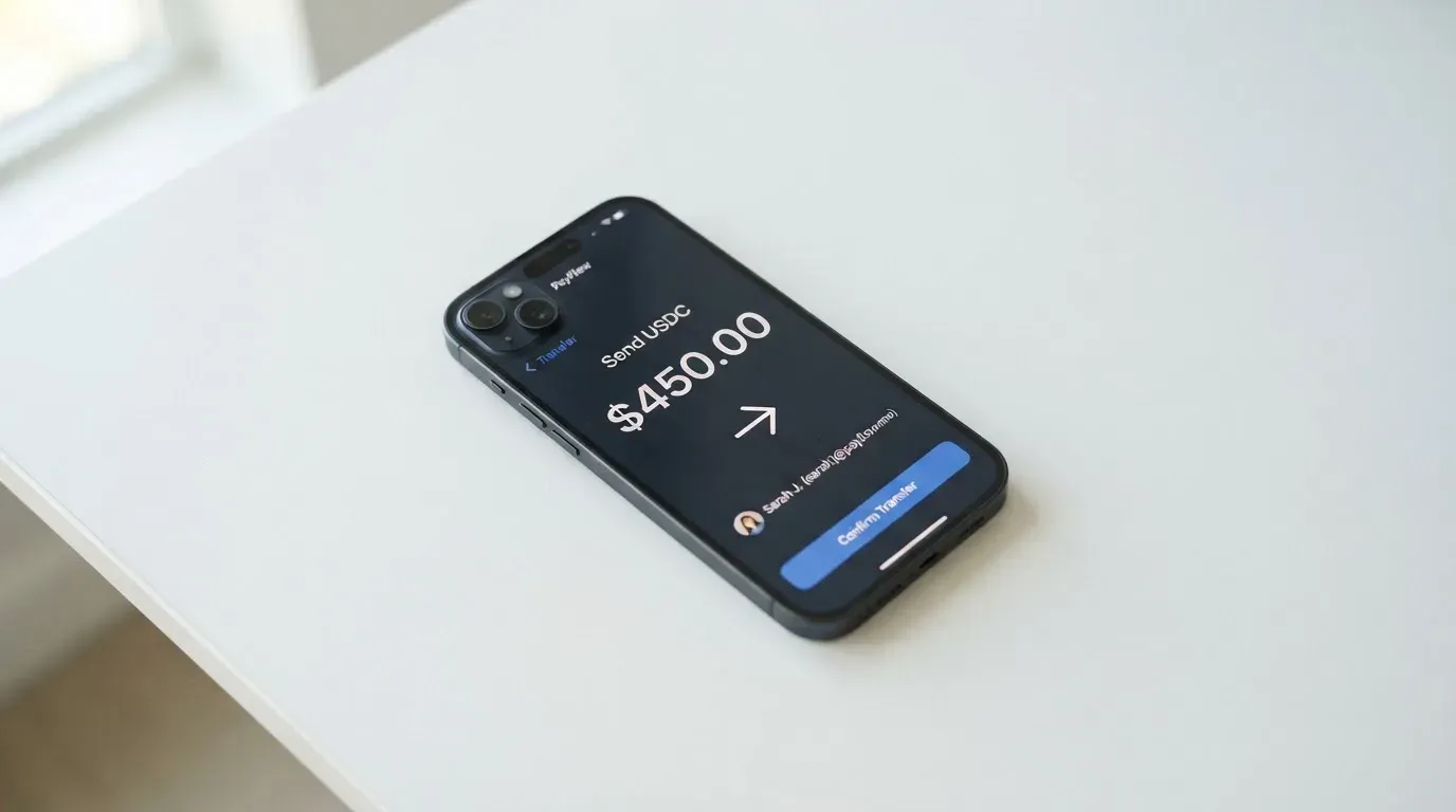 A phone showing a stablecoin transfer screen