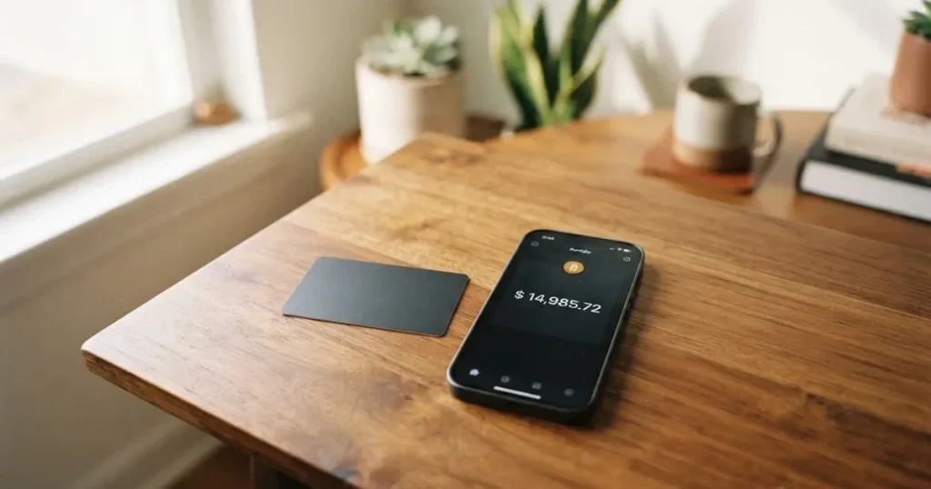 A payment card next to a phone with a crypto wallet app open