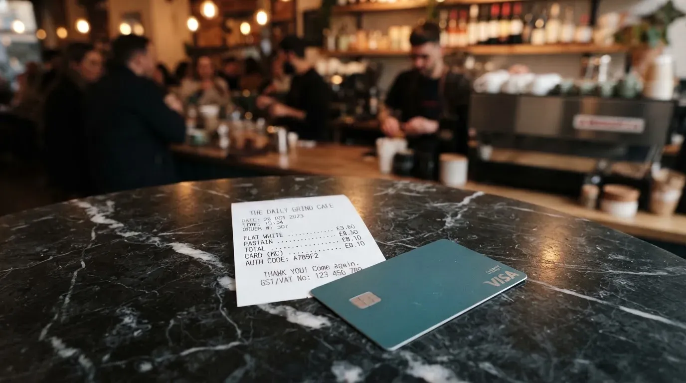 A receipt and a card on a café table