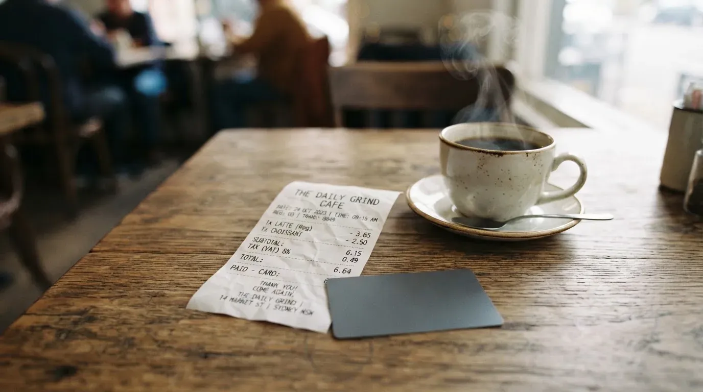 A receipt and a card on a café table