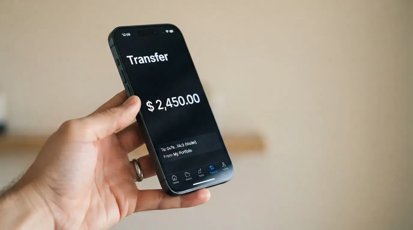 A phone showing a stablecoin transfer screen