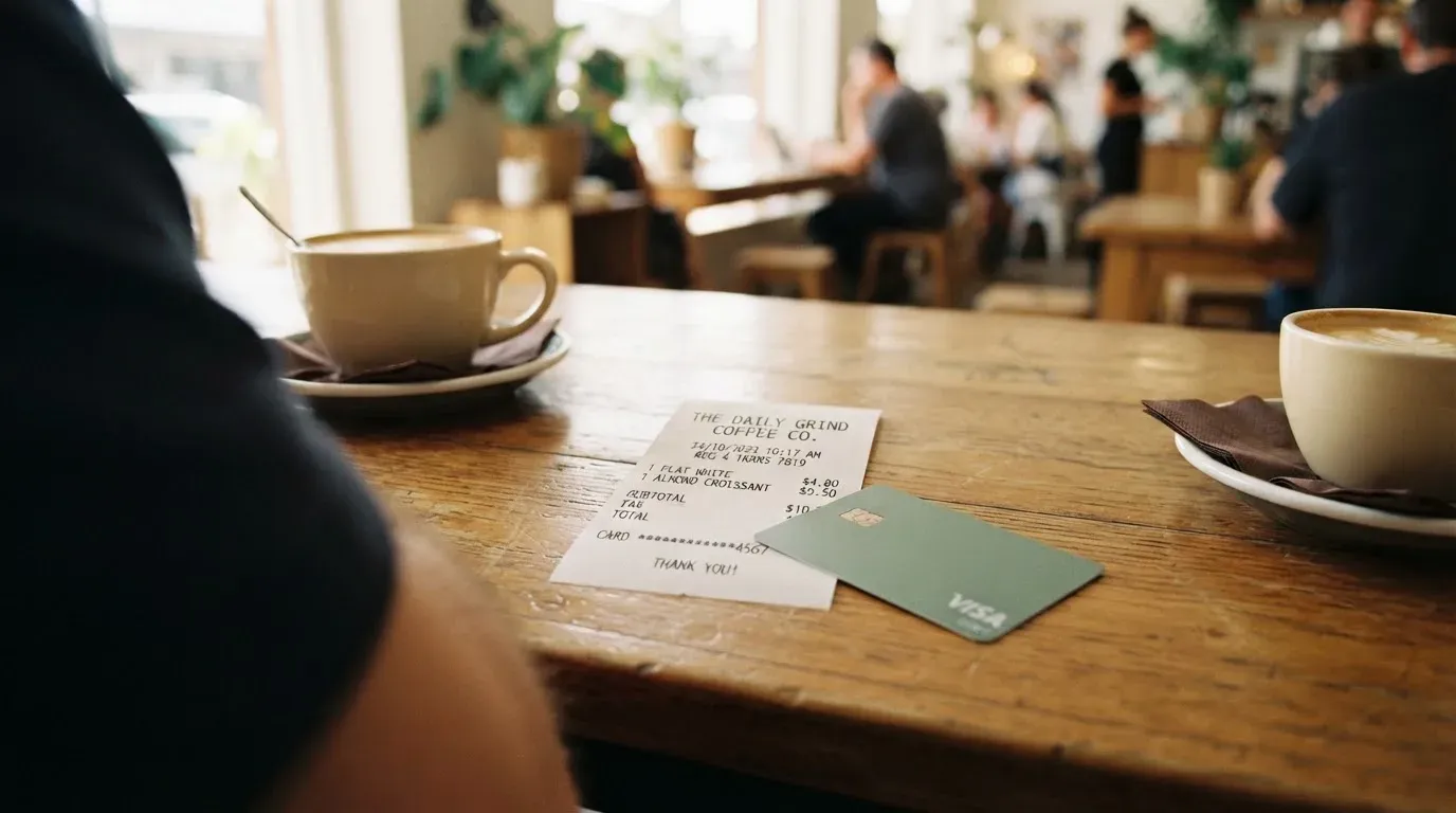 A receipt and a card on a café table